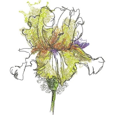 An embroidery design of a vibrant flower with intricate petals in shades of yellow, orange, and purple.
