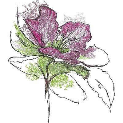 An embroidery design of a beautifully detailed flower with vibrant purple petals and lush green leaves.