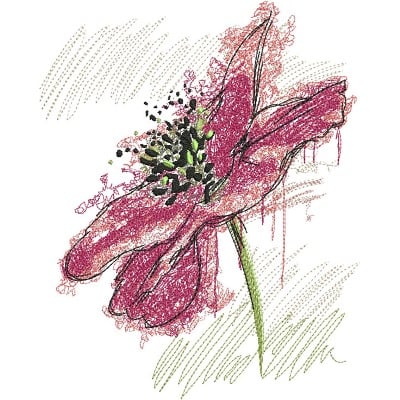 An embroidery design of a beautifully detailed pink flower featuring delicate petals and intricate black and green accents in the center.