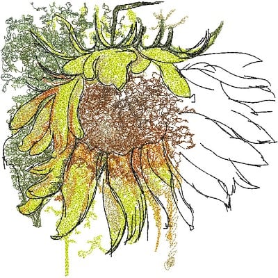 An embroidery design of a vibrant sunflower featuring detailed petals in shades of yellow and orange, with intricate line work and a textured center.
