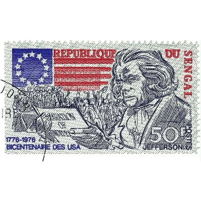 An embroidery design of a historical figure reading a document, featuring elements of the American flag and stars in a colorful, artistic style.