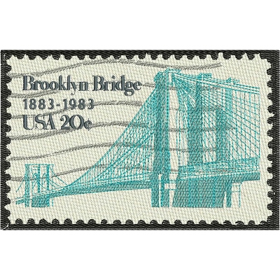 An embroidery design of the Brooklyn Bridge, commemorating its historical significance, featuring intricate lines and detail in shades of turquoise against a textured background.