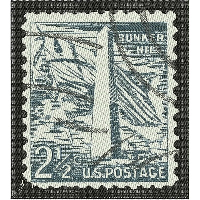 An embroidery design of a vintage postage stamp featuring a tall monument and a ship, with intricate detailing in blue and white.