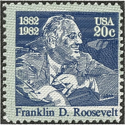 An embroidery design of a portrait of Franklin D. Roosevelt, featuring his smiling face and arms resting casually.