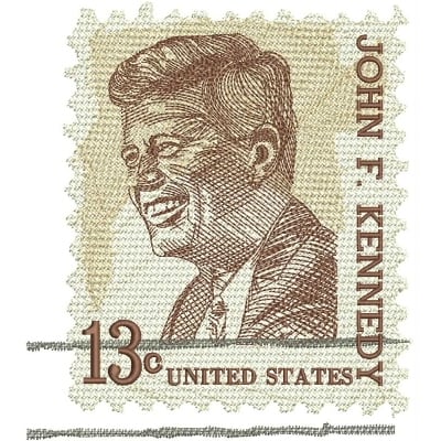 An embroidery design of a portrait of John F. Kennedy featured within a stamp-like border, complete with denomination and country text.