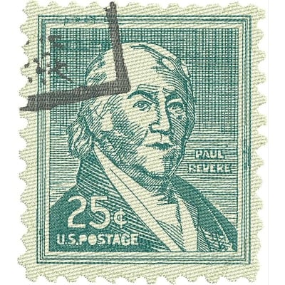 An embroidery design of a vintage U.S. postage stamp featuring a portrait of Paul Revere, marked with a black cancellation.
