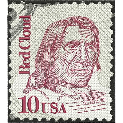 An embroidery design of the portrait of Red Cloud, featuring intricate line work and details in shades of red.