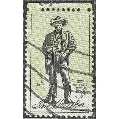An embroidery design of a historical figure standing confidently with a rifle, depicted in a postage stamp style.