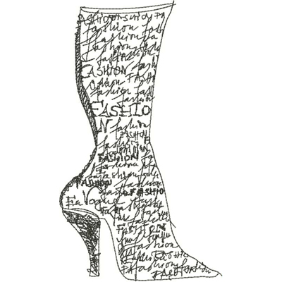 An embroidery design of a high-heeled boot featuring artistic, handwritten text that emphasizes the theme of fashion.