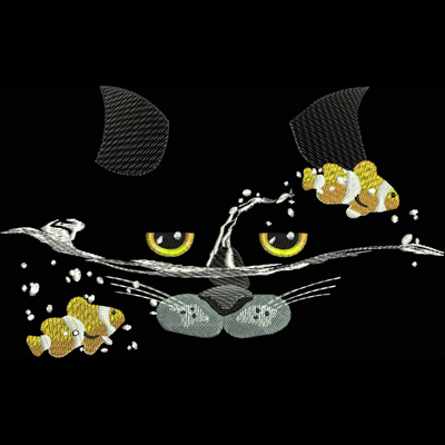 An embroidery design of a cat's face peering above water with two playful fish swimming nearby.