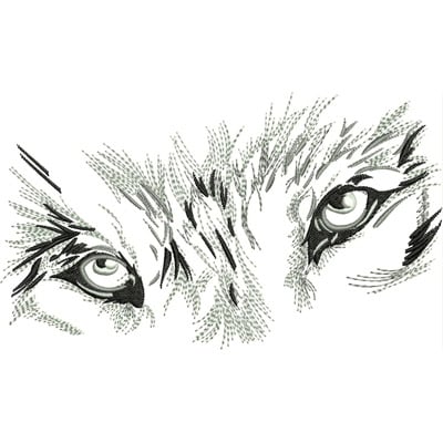 An embroidery design of a pair of intense, detailed wolf eyes with intricate shading and fur texture.