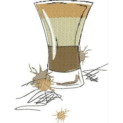An embroidery design of a glass with layered drinks spilling around it, accompanied by splashes.