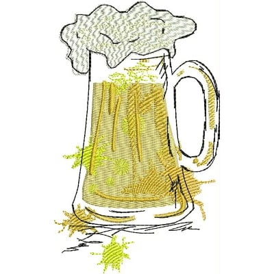 An embroidery design of a frothy beer mug with vibrant yellow beer and splashes around it.