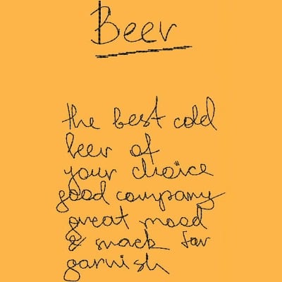 An embroidery design of the word "Beer" followed by a playful, handwritten message highlighting the enjoyment of cold beer, good company, and snacks.