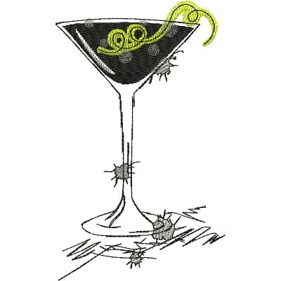 An embroidery design of a cocktail glass filled with a dark liquid, featuring a twist of lime and decorative swirls, with small insects at the base.