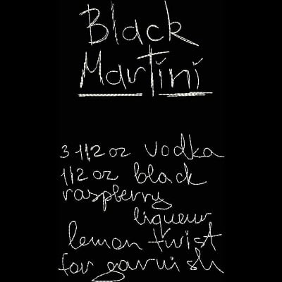 An embroidery design of a recipe for a Black Martini featuring ingredients listed in a handwritten style.