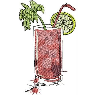 An embroidery design of a refreshing beverage in a glass, complete with ice, a slice of lime, a mint sprig, and a straw.