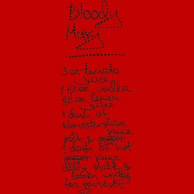 An embroidery design of a recipe for a Bloody Mary, featuring handwritten text with ingredients listed in a creative style.