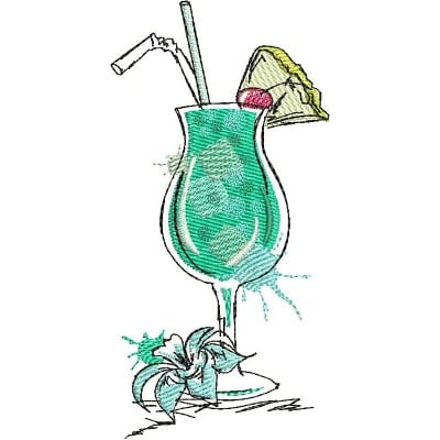 An embroidery design of a tropical cocktail glass with a straw, a slice of pineapple, and a cherry, accented by splashes of color and a decorative flower.