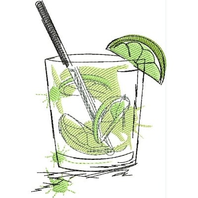 An embroidery design of a refreshing cocktail garnished with lime slices and accompanied by a straw.