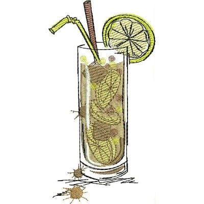 An embroidery design of a refreshing glass of mojito, featuring mint leaves, a slice of lime, and a straw.