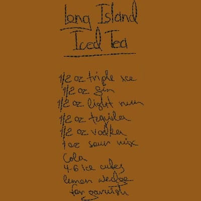 An embroidery design of a handwritten recipe for Long Island Iced Tea, detailing the ingredients and measurements.