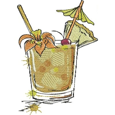 An embroidery design of a tropical cocktail featuring a straw, cherry, and decorative garnishes like a pineapple leaf and an umbrella.
