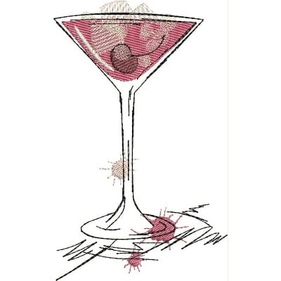 An embroidery design of a martini glass filled with pink liquid and garnished with cherries, showcasing a playful and elegant aesthetic.