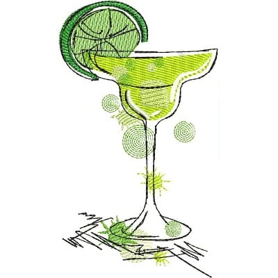 An embroidery design of a vibrant margarita glass garnished with a lime slice, featuring lively green colors and playful swirls.