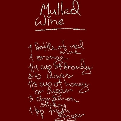 An embroidery design of a recipe for mulled wine, featuring a list of ingredients in a handwritten style.