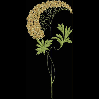 An embroidery design of a delicate floral motif featuring a curved stem adorned with golden blooms and green leaves.