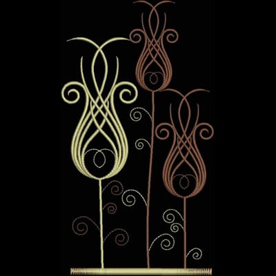 An embroidery design of whimsical floral shapes featuring elegant swirls and lines in varying colors.