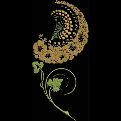 An embroidery design of an elegant floral arrangement featuring curved vines and clusters of blossoms in shades of gold and green.