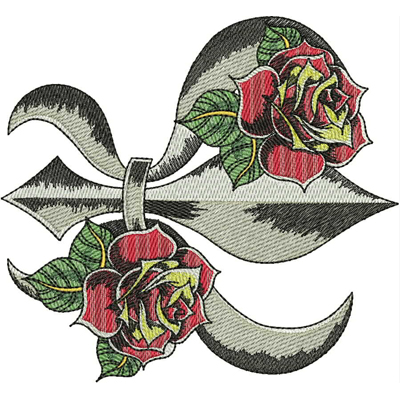 An embroidery design of vibrant red roses adorned with green leaves, elegantly intertwined with flowing grey ribbons.