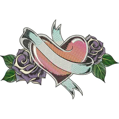 An embroidery design of a heart with a flowing ribbon, flanked by two ornate roses and leafy accents.