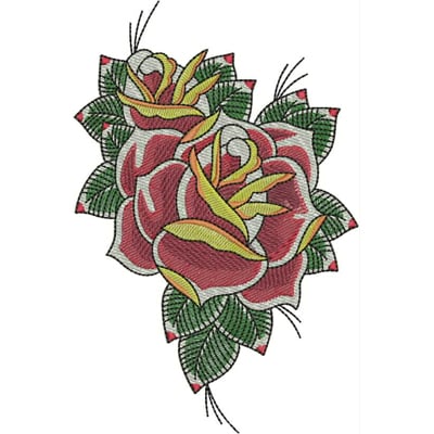 An embroidery design of two intertwined roses in vibrant shades of red and yellow, surrounded by lush green leaves.