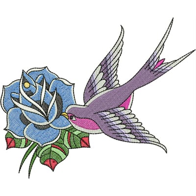 An embroidery design of a vibrant purple bird in flight next to a large blue rose.