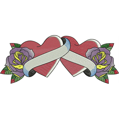 An embroidery design of two intertwined hearts adorned with blooming roses and a decorative ribbon.