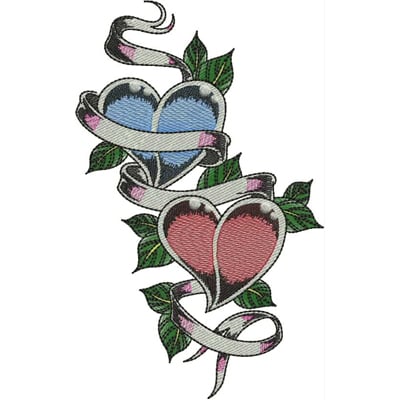 An embroidery design of two intertwined hearts in blue and red, adorned with green leaves and a decorative ribbon.
