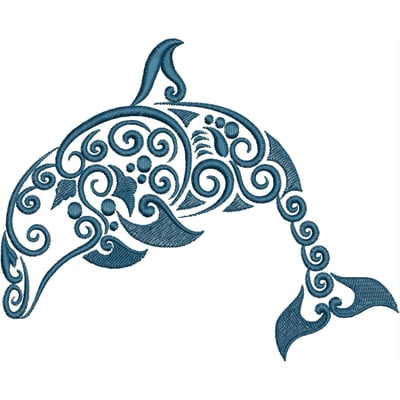 An embroidery design of a stylized dolphin adorned with intricate swirls and floral patterns.