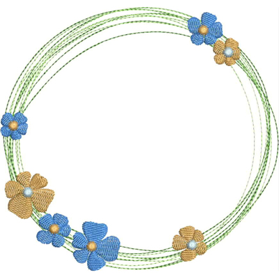 An embroidery design of a circular arrangement featuring blue and yellow flowers interconnected by green vines.