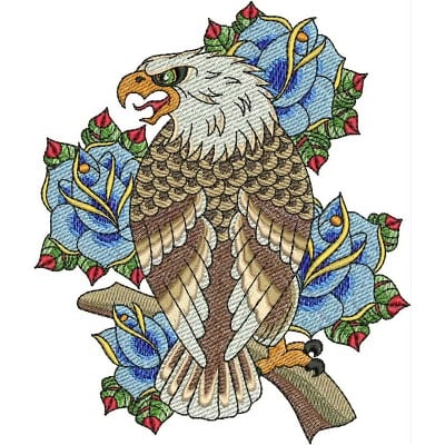 An embroidery design of a majestic eagle perched among vibrant blue flowers, showcasing intricate feather details and a fierce expression.