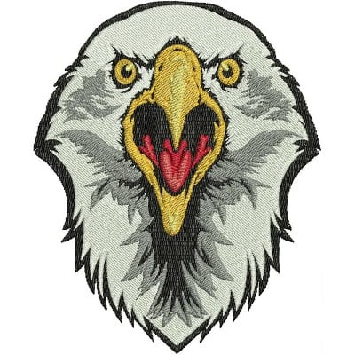 An embroidery design of a detailed eagle's head, featuring fierce eyes and a prominent yellow beak with a red tongue.