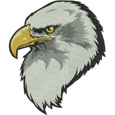 An embroidery design of a majestic eagle's head showcasing intricate details and a sharp, defined beak.