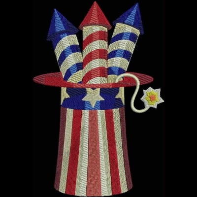 An embroidery design of a patriotic-themed hat with three colorful fireworks, featuring red, white, and blue stripes and star accents.