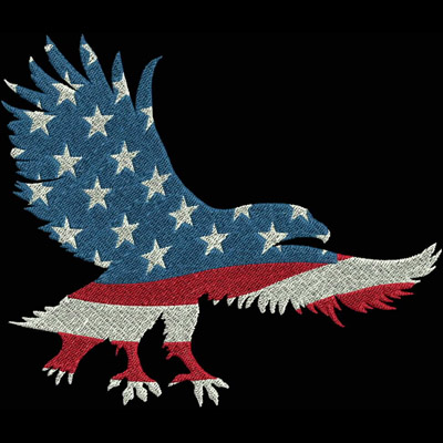 An embroidery design of an eagle adorned with the American flag, featuring stars and stripes in a vivid color palette.