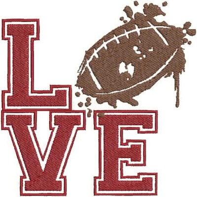 An embroidery design of the letters "LVE" in bold red, accompanied by a brown football graphic with splashes.