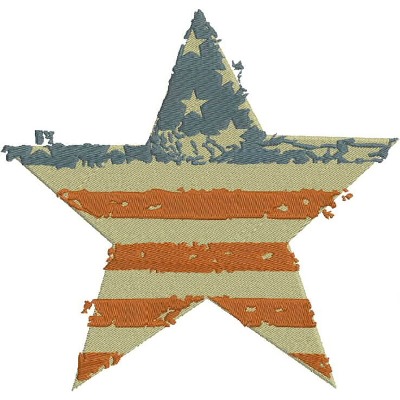 An embroidery design of a star featuring a distressed pattern of red, white, and blue stripes, reminiscent of the American flag.