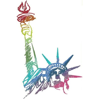 An embroidery design of the Statue of Liberty holding a torch, illustrated in a vibrant gradient of colors.