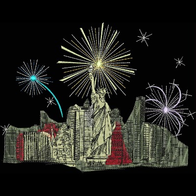 An embroidery design of the Statue of Liberty surrounded by colorful fireworks and a city skyline.
